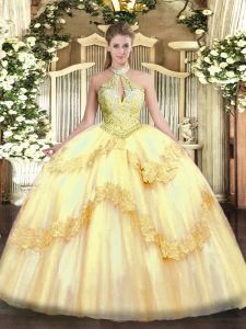 Exceptional Gold Tulle Lace Up 15th Birthday Dress Sleeveless Floor Length Appliques and Sequins