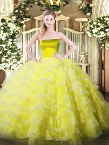 Exceptional Yellow Ball Gowns Tulle Strapless Sleeveless Ruffled Layers Floor Length Zipper 15 Quinceanera Dress