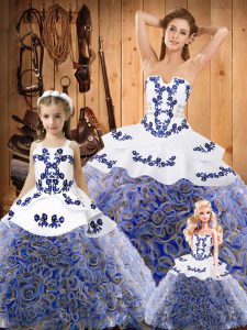Most Popular Multi-color Ball Gowns Strapless Sleeveless Fabric With Rolling Flowers Sweep Train Lace Up Embroidery 15th Birthday Dress