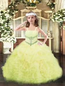 Custom Fit Yellow Ball Gowns Straps Sleeveless Organza Floor Length Lace Up Beading and Ruffles and Pick Ups Pageant Dress for Teens
