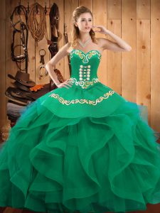 Admirable Embroidery and Ruffles 15th Birthday Dress Turquoise Lace Up Sleeveless Floor Length
