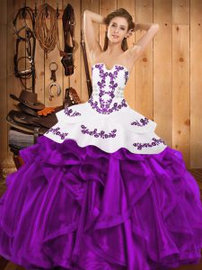 Floor Length Lace Up Quinceanera Dress Eggplant Purple for Military Ball and Sweet 16 and Quinceanera with Embroidery and Ruffles
