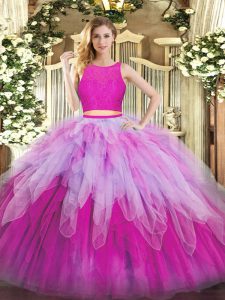 Lace and Ruffles Quinceanera Gown Fuchsia Zipper Sleeveless Floor Length