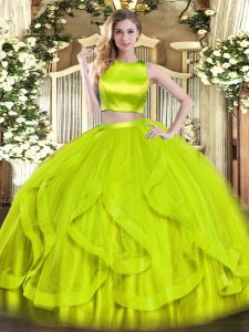 Fashion High-neck Sleeveless Quince Ball Gowns Floor Length Ruffles Yellow Green Tulle