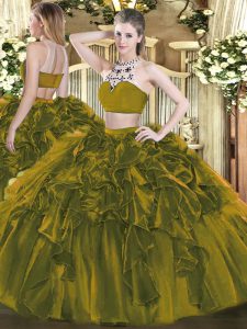 Elegant Olive Green Sleeveless Beading and Ruffles Floor Length Ball Gown Prom Dress