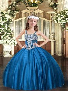 Blue Ball Gowns Satin Straps Sleeveless Appliques Floor Length Lace Up Little Girl Pageant Dress