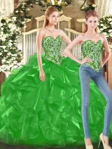 High Quality Beading and Ruffles Quinceanera Dress Green Lace Up Sleeveless Floor Length
