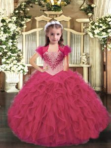Admirable Hot Pink Straps Neckline Beading and Ruffles Little Girls Pageant Dress Wholesale Sleeveless Lace Up
