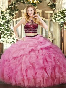 Floor Length Zipper Sweet 16 Dresses Rose Pink for Military Ball and Sweet 16 and Quinceanera with Beading and Ruffles
