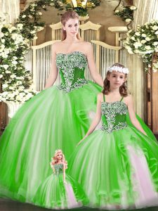 Stunning Green Lace Up Strapless Beading and Ruffles Sweet 16 Dresses Organza Sleeveless