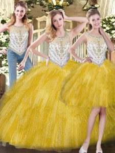 Yellow Zipper Scoop Beading and Ruffles 15th Birthday Dress Organza Sleeveless