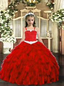 Custom Made Organza Sleeveless Floor Length Pageant Gowns For Girls and Appliques and Ruffles