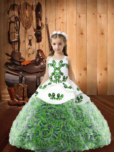 Multi-color Ball Gowns Fabric With Rolling Flowers Straps Sleeveless Embroidery and Ruffles Floor Length Lace Up Kids Formal Wear