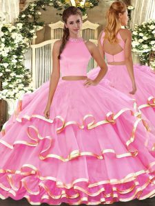 Rose Pink Sleeveless Organza Backless Quinceanera Dress for Military Ball and Sweet 16 and Quinceanera