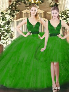 Green Ball Gowns Tulle Straps Sleeveless Beading and Ruffles Floor Length Lace Up Quince Ball Gowns