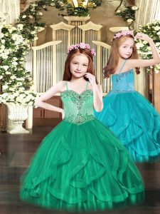 Turquoise Child Pageant Dress Party and Quinceanera with Beading and Ruffles Spaghetti Straps Sleeveless Lace Up