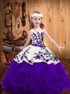Latest White And Purple Straps Lace Up Embroidery and Ruffles Winning Pageant Gowns Sleeveless