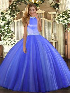 Hot Sale Blue Tulle Backless Sweet 16 Dress Sleeveless Floor Length Beading