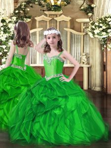 Floor Length Green Little Girls Pageant Gowns Organza Sleeveless Beading and Ruffles