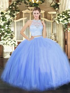 Sophisticated Sleeveless Tulle Floor Length Zipper Sweet 16 Quinceanera Dress in Blue with Lace