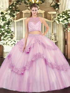 Two Pieces Quince Ball Gowns Lilac Scoop Tulle Sleeveless Floor Length Zipper