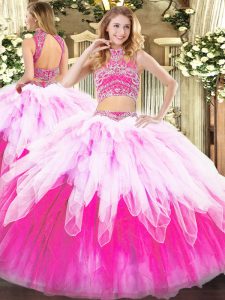 Amazing Floor Length Multi-color Quinceanera Gown Tulle Sleeveless Beading and Ruffles