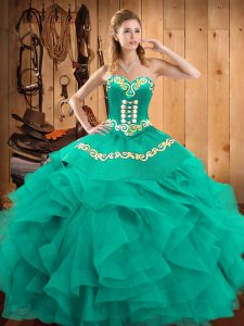 Turquoise Sweetheart Neckline Embroidery and Ruffles 15 Quinceanera Dress Sleeveless Lace Up
