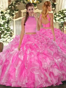 Rose Pink Two Pieces Halter Top Sleeveless Organza Floor Length Backless Beading and Ruffles Quinceanera Dresses