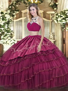Fuchsia Quince Ball Gowns Military Ball and Sweet 16 and Quinceanera with Beading and Embroidery and Ruffled Layers High-neck Sleeveless Backless