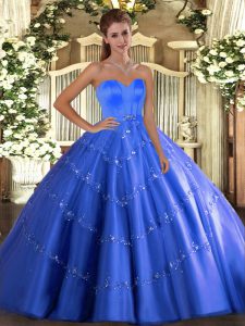 Luxurious Blue Lace Up Sweetheart Beading and Appliques Quinceanera Gown Tulle Sleeveless