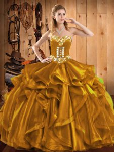 Edgy Gold Ball Gowns Embroidery and Ruffles Quince Ball Gowns Lace Up Organza Sleeveless Floor Length