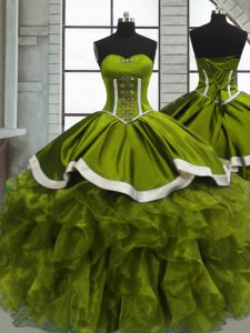 Spectacular Olive Green Organza Lace Up Sweetheart Sleeveless Floor Length Sweet 16 Dress Beading and Ruffles