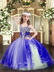 Perfect Tulle Straps Sleeveless Lace Up Appliques Little Girls Pageant Gowns in Blue