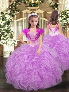 Custom Made Lilac Little Girl Pageant Gowns Party and Sweet 16 and Quinceanera and Wedding Party with Beading and Ruffles Straps Sleeveless Lace Up
