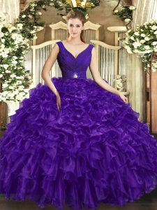 Purple Sleeveless Organza Backless Vestidos de Quinceanera for Sweet 16 and Quinceanera