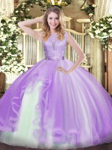 Lavender Sleeveless Floor Length Lace and Ruffles Backless Ball Gown Prom Dress
