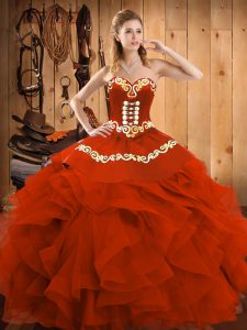 Floor Length Lace Up Sweet 16 Dresses Rust Red for Military Ball and Sweet 16 and Quinceanera with Embroidery and Ruffles