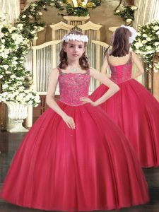 Straps Sleeveless Lace Up Little Girls Pageant Dress Wholesale Coral Red Tulle