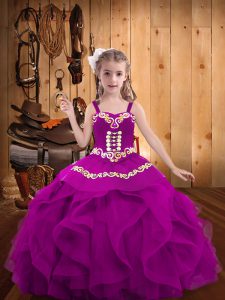 Best Fuchsia Ball Gowns Embroidery and Ruffles Little Girl Pageant Dress Lace Up Organza Sleeveless Floor Length