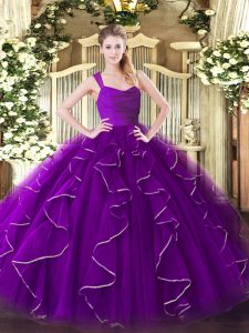 Dynamic Organza Straps Sleeveless Zipper Ruffles Ball Gown Prom Dress in Eggplant Purple
