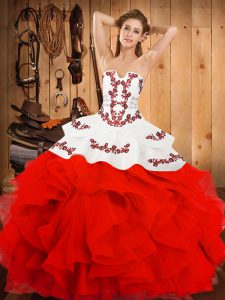 Suitable White And Red Strapless Neckline Embroidery and Ruffles Quince Ball Gowns Sleeveless Lace Up