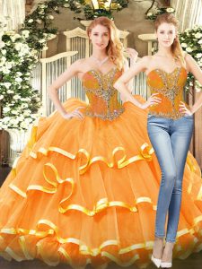 Glorious Orange Red Ball Gowns Organza Sweetheart Sleeveless Beading and Ruffled Layers Floor Length Lace Up Quinceanera Dress