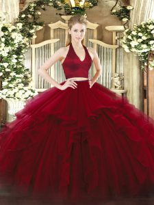 Excellent Wine Red Two Pieces Ruffles Sweet 16 Dresses Zipper Organza Sleeveless Floor Length
