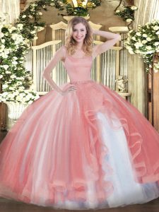 Traditional Coral Red Tulle Zipper Quince Ball Gowns Sleeveless Floor Length Beading