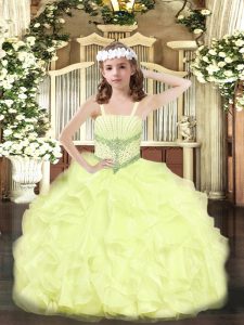 Yellow Straps Neckline Beading and Ruffles Pageant Dress for Teens Sleeveless Lace Up