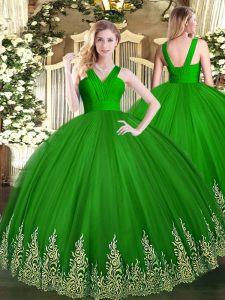 Green Sleeveless Appliques Floor Length 15 Quinceanera Dress