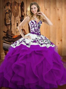 Sleeveless Floor Length Embroidery and Ruffles Lace Up Quinceanera Gowns with Eggplant Purple