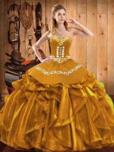 Ball Gowns Ball Gown Prom Dress Gold Sweetheart Organza Sleeveless Floor Length Lace Up