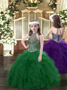 Dark Green Halter Top Lace Up Beading and Ruffles Pageant Dress for Teens Sleeveless