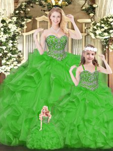 Sweetheart Sleeveless Quinceanera Gowns Floor Length Beading and Ruffles Green Organza